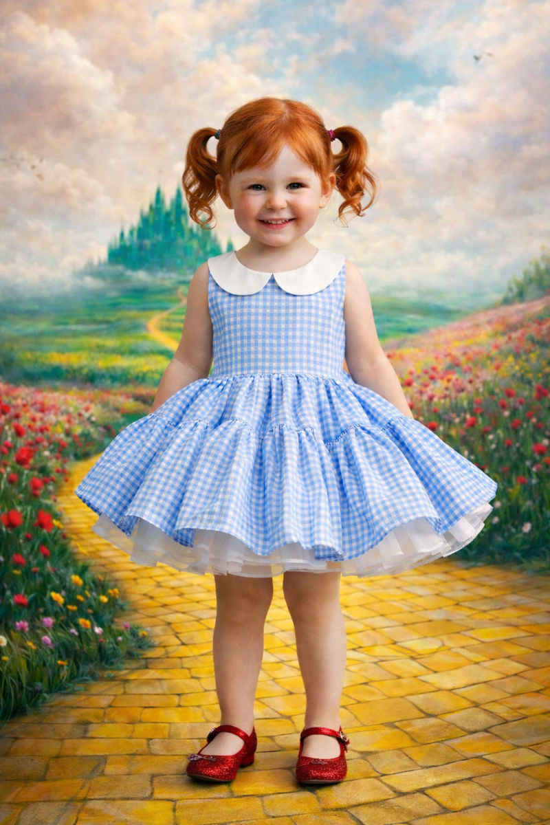 Child in a blue dress with white collar standing on a yellow brick road in a fantasy landscape.
