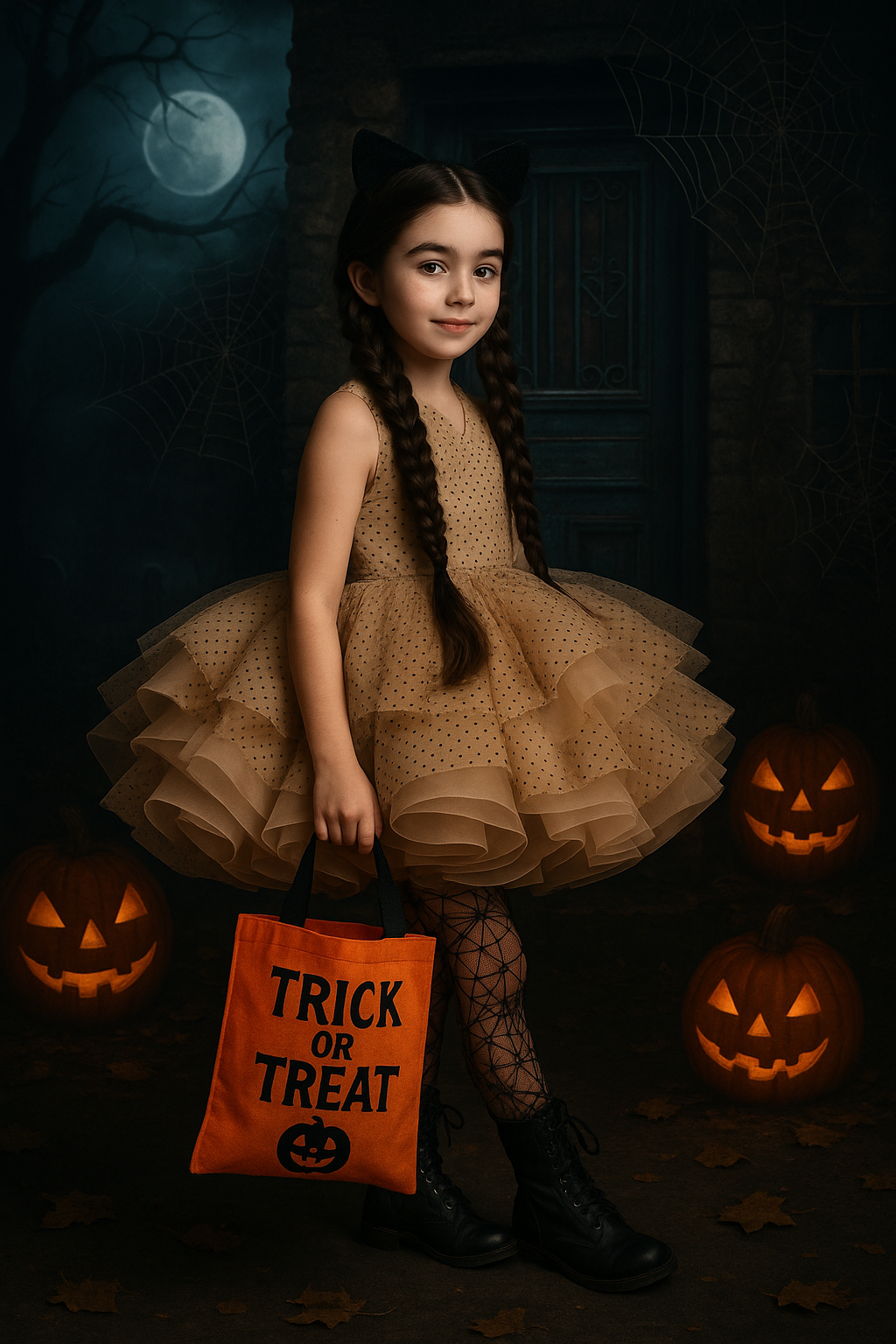 Young girl in a Halloween costume with a 'Trick or Treat' bag in front of pumpkins and a dark background.