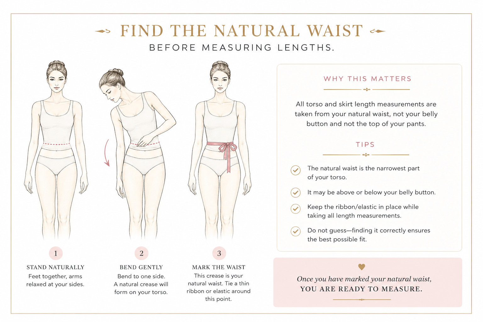 How to find the natural waist before taking couture gown length measurements