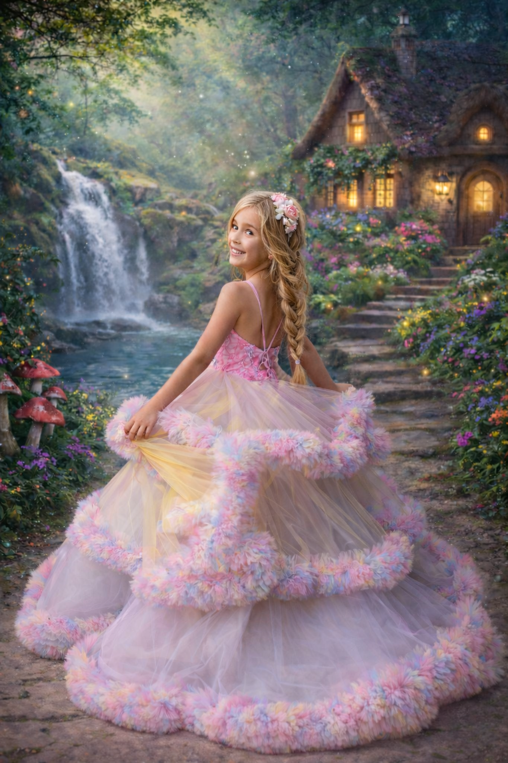 Blonde girl wearing a pastel tiered couture gown with pink bodice and soft tulle ruffles, photographed in an enchanted forest setting with waterfall and cottage backdrop.