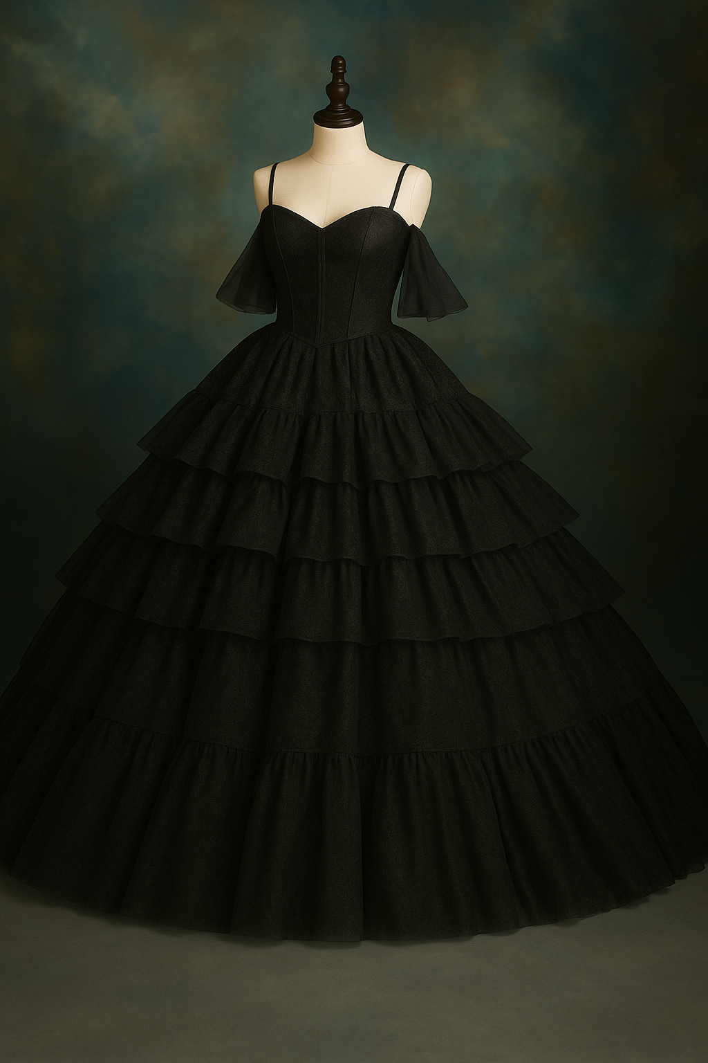 Black ball gown on a mannequin against a textured green and brown background