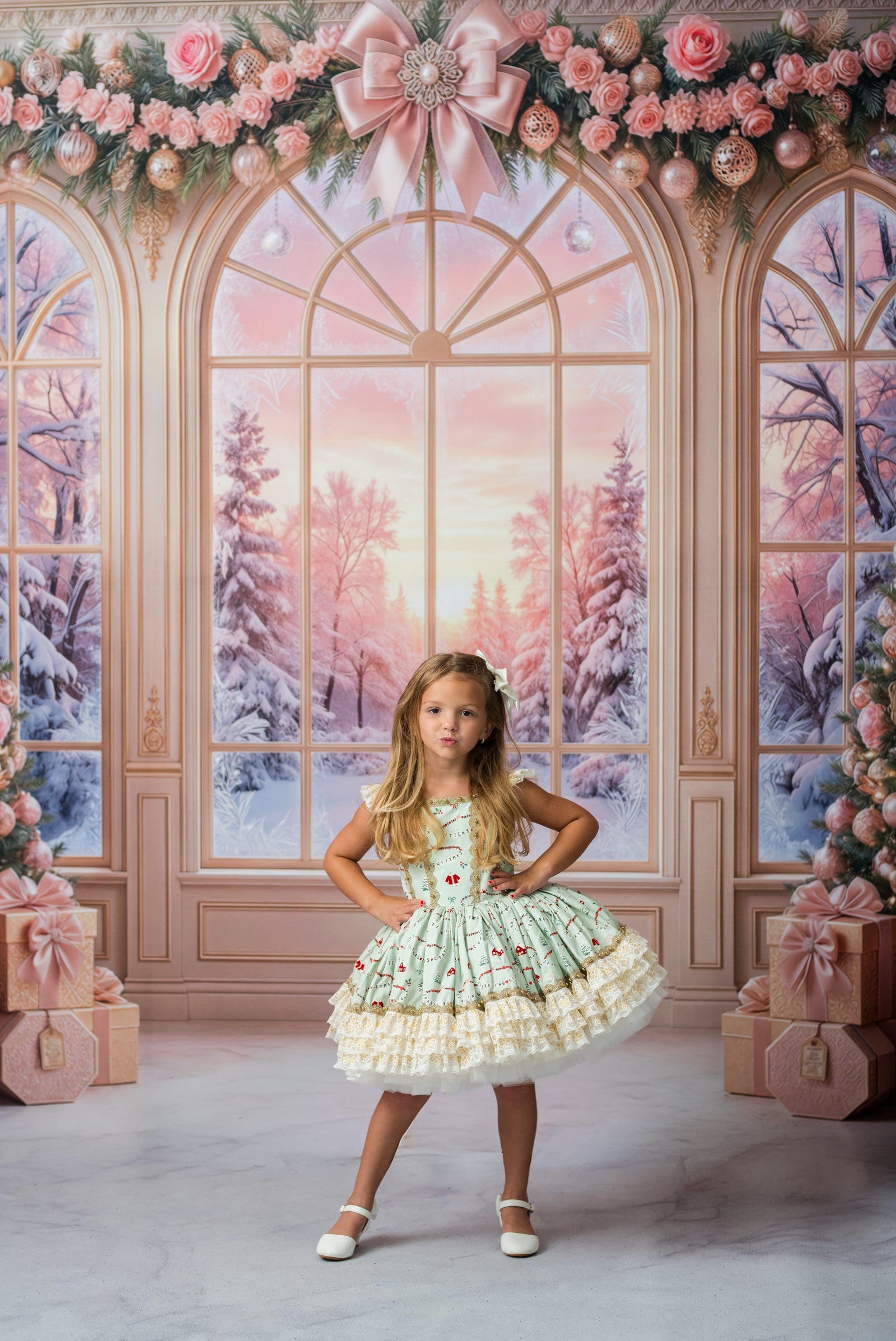 A young girl stands in a festive holiday-themed studio setting with large arched windows showing a snowy winter forest scene. She is wearing a light green and white ruffled dress with small red and pink floral details.