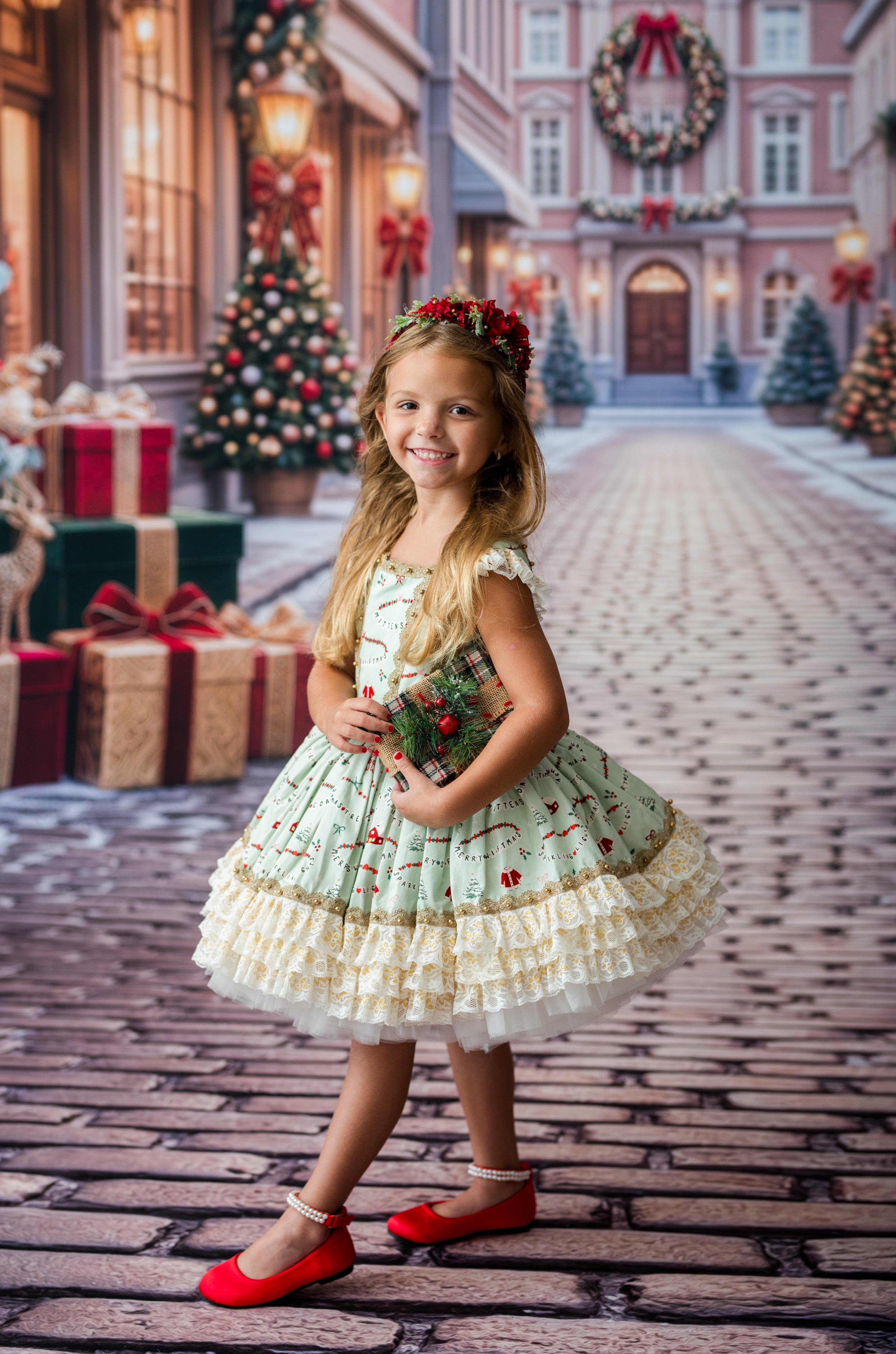 A young girl stands on a cobblestone street wearing a festive light green and cream ruffled dress with red berry prints, red shoes, and a red floral headband, holding a small holiday wreath. The background shows a decorated Christmas village scene with trees, gifts, and a building facade.