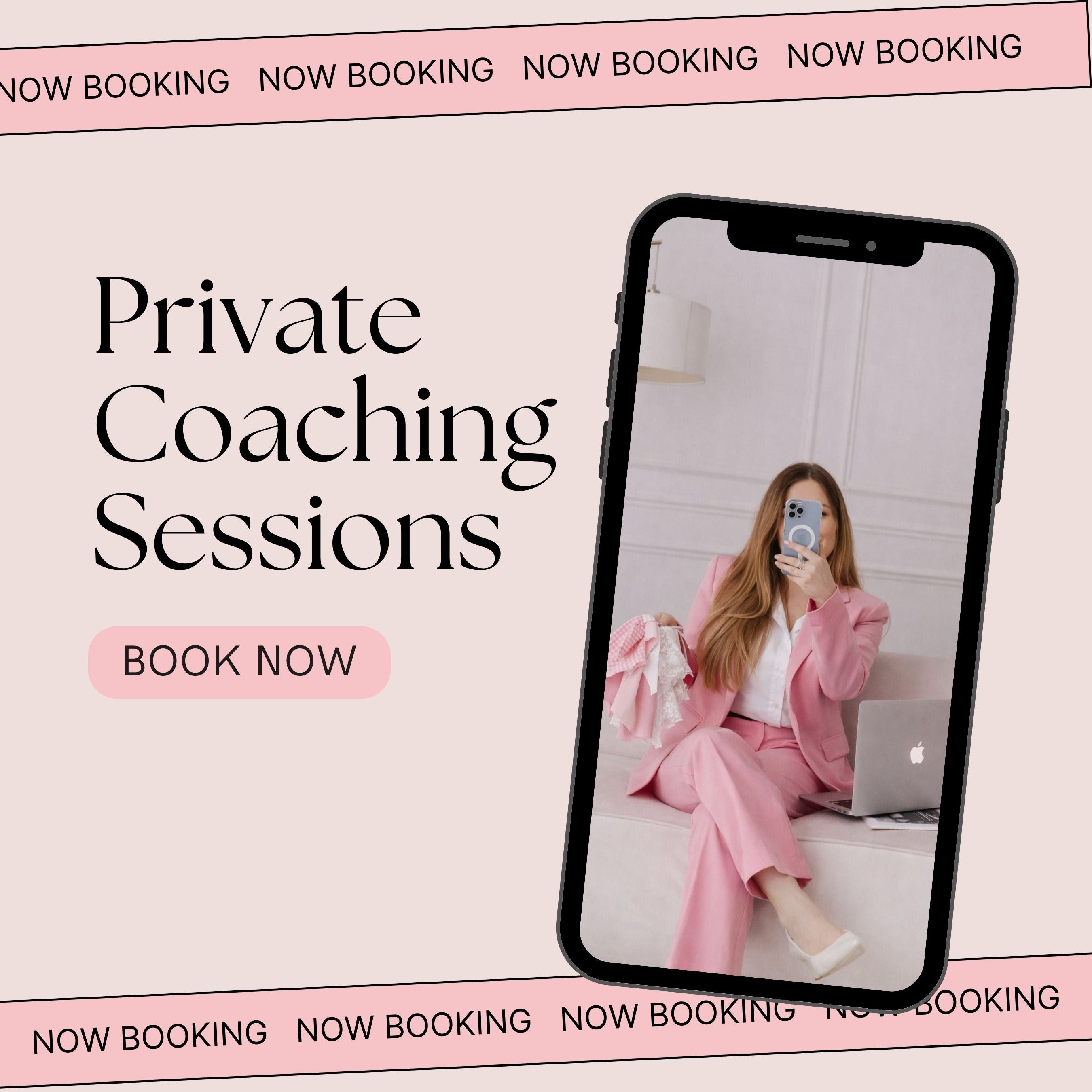 Promotional graphic for private coaching sessions with a woman in a pink outfit on a phone screen.