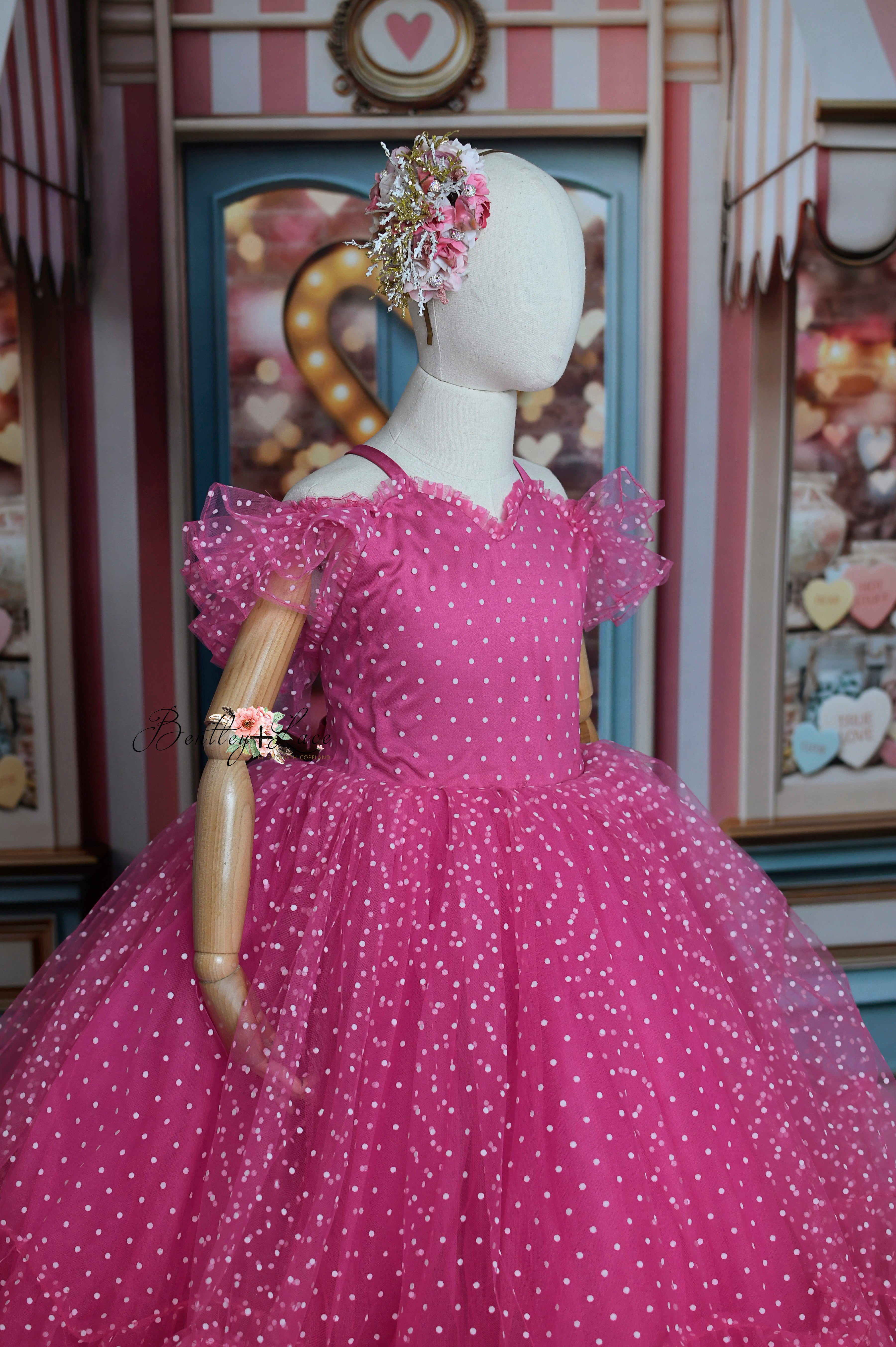 Swish Dots Couture Gown -pink- Floor length dress+Wristlets   (8 Year - 9 Year up to a petite 10 year)