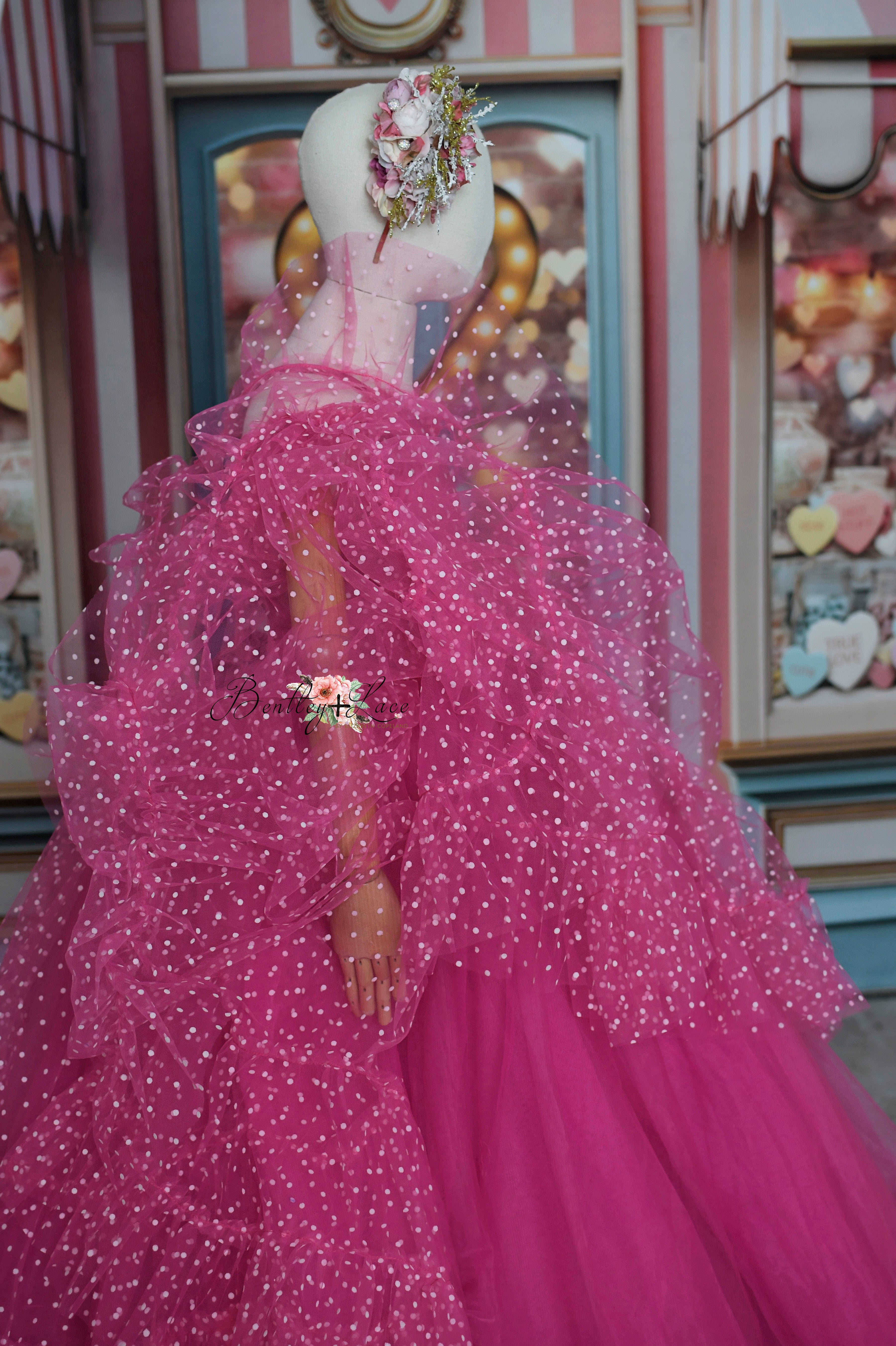 Swish Dots Couture Gown -pink- Floor length dress+Wristlets   (8 Year - 9 Year up to a petite 10 year)