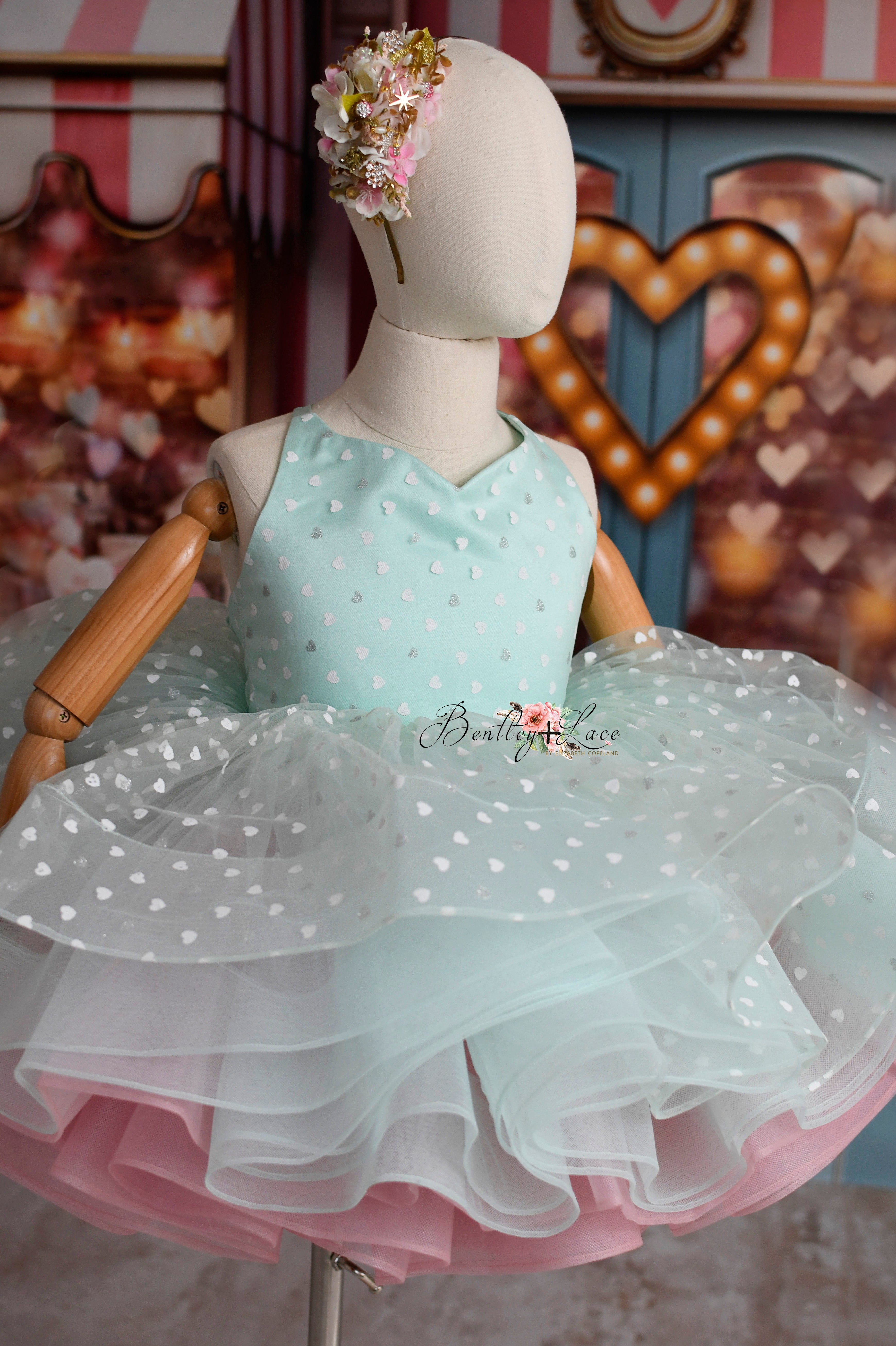 Sweet Talk - Seafoam Hearts- petal length dress+ Heart CAPE (5 Year - 6 Year up to a petite 7 year)