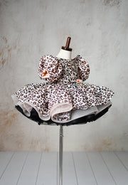 "Wild Whimsy" Leopard Print Petal-Length Dress with Removable Puff Sleeves for Photography & Special Occasions