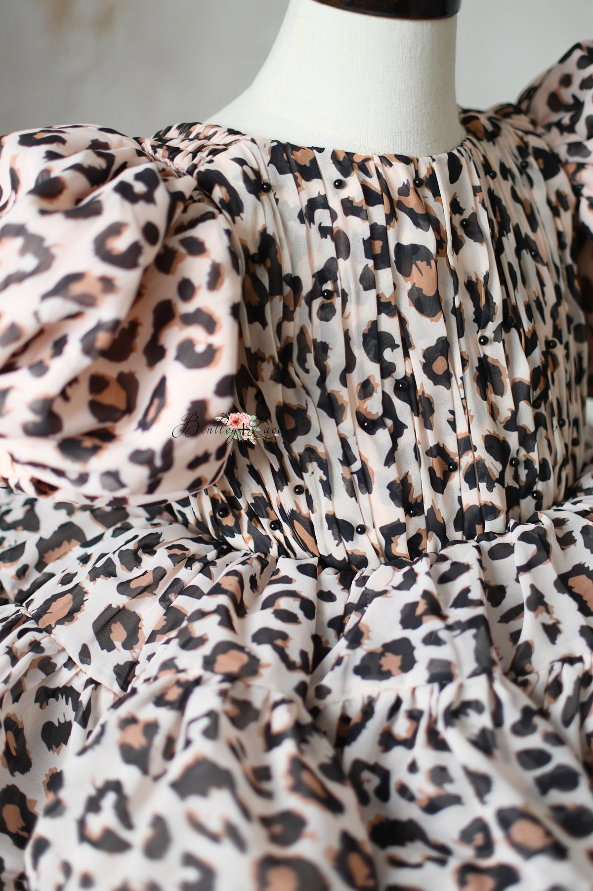 "Wild Whimsy" Leopard Print Petal-Length Dress with Removable Puff Sleeves for Photography & Special Occasions