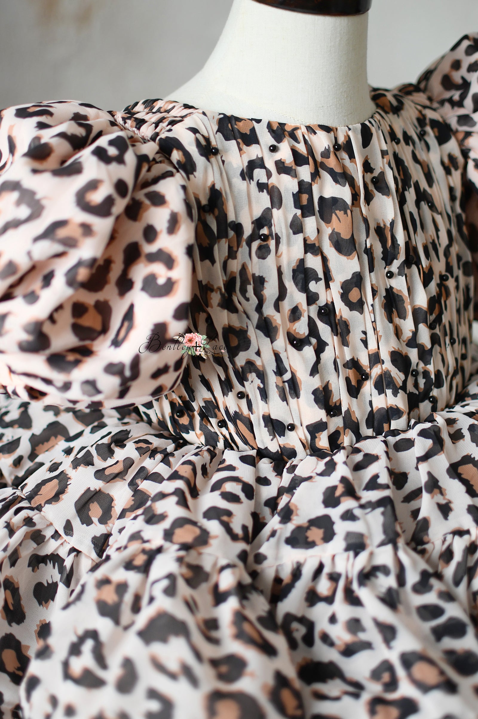 "Wild Whimsy" Leopard Print Petal-Length Dress with Removable Puff Sleeves for Photography & Special Occasions