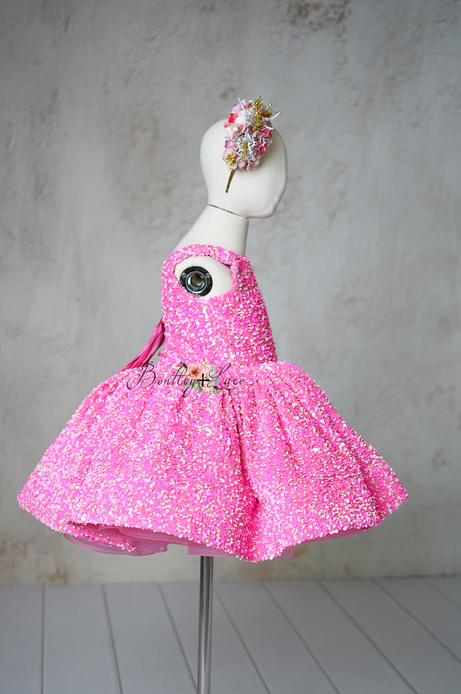 Retro Velvet Glam Pink Candy Sequin Petal Gown with Detachable Sleeves and Hair Bow – Couture Editorial Dress for Special Occasions