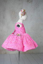 Retro Velvet Glam Pink Candy Sequin Petal Gown with Detachable Sleeves and Hair Bow – Couture Editorial Dress for Special Occasions