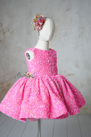 Retro Velvet Glam Pink Candy Sequin Petal Gown with Detachable Sleeves and Hair Bow – Couture Editorial Dress for Special Occasions