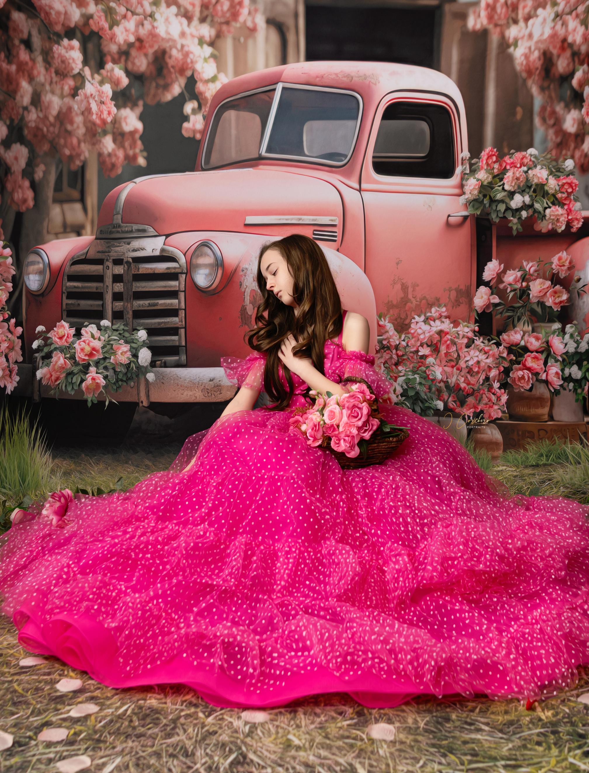 Swish Dots Couture Gown -pink- Floor length dress+Wristlets   (8 Year - 9 Year up to a petite 10 year)