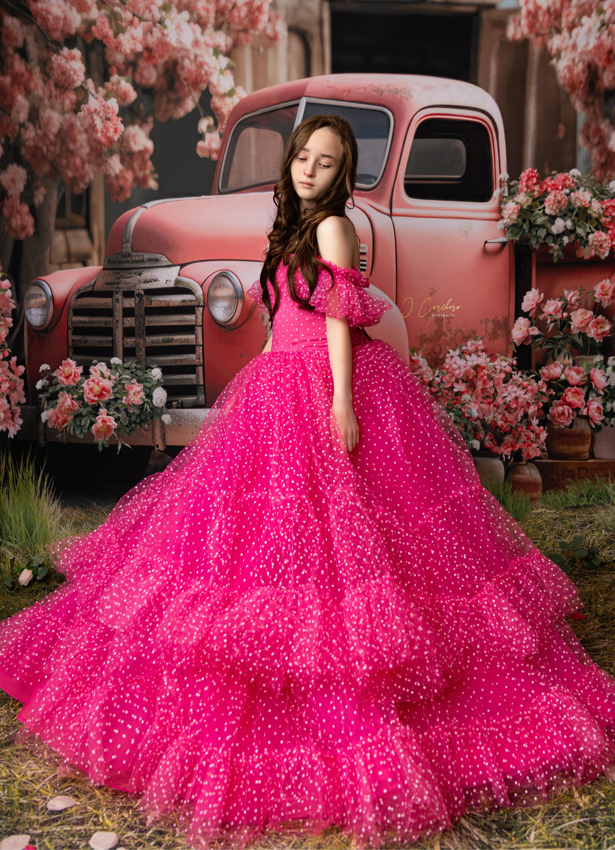 Swish Dots Couture Gown -pink- Floor length dress+Wristlets   (8 Year - 9 Year up to a petite 10 year)