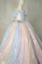 Soft pastel ombré fabric and delicate tulle layers on the skirt of Aurora Gleam gown.
