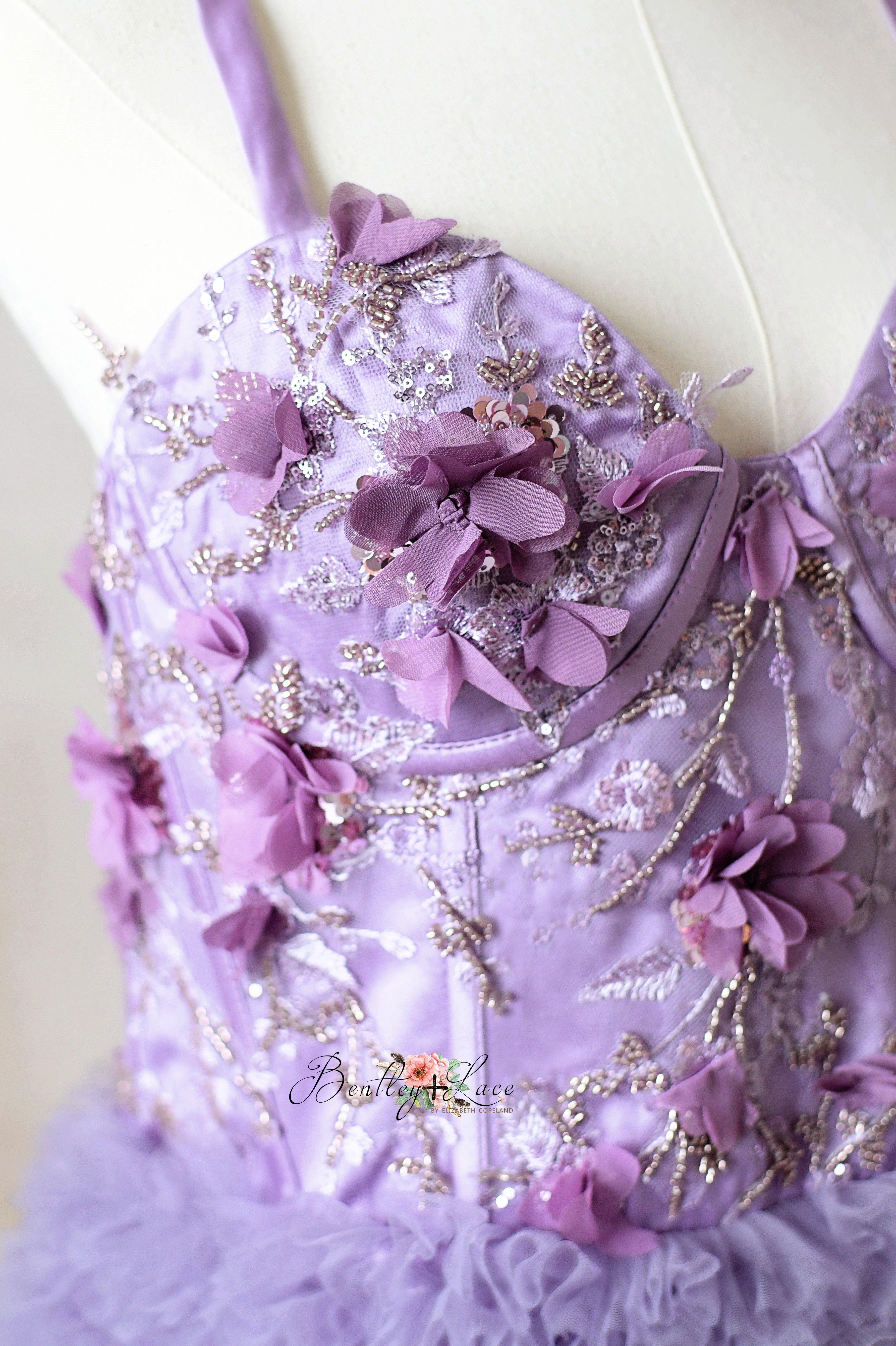 Lavender Tulle Gown with Floral Embellishments and Spaghetti Straps
