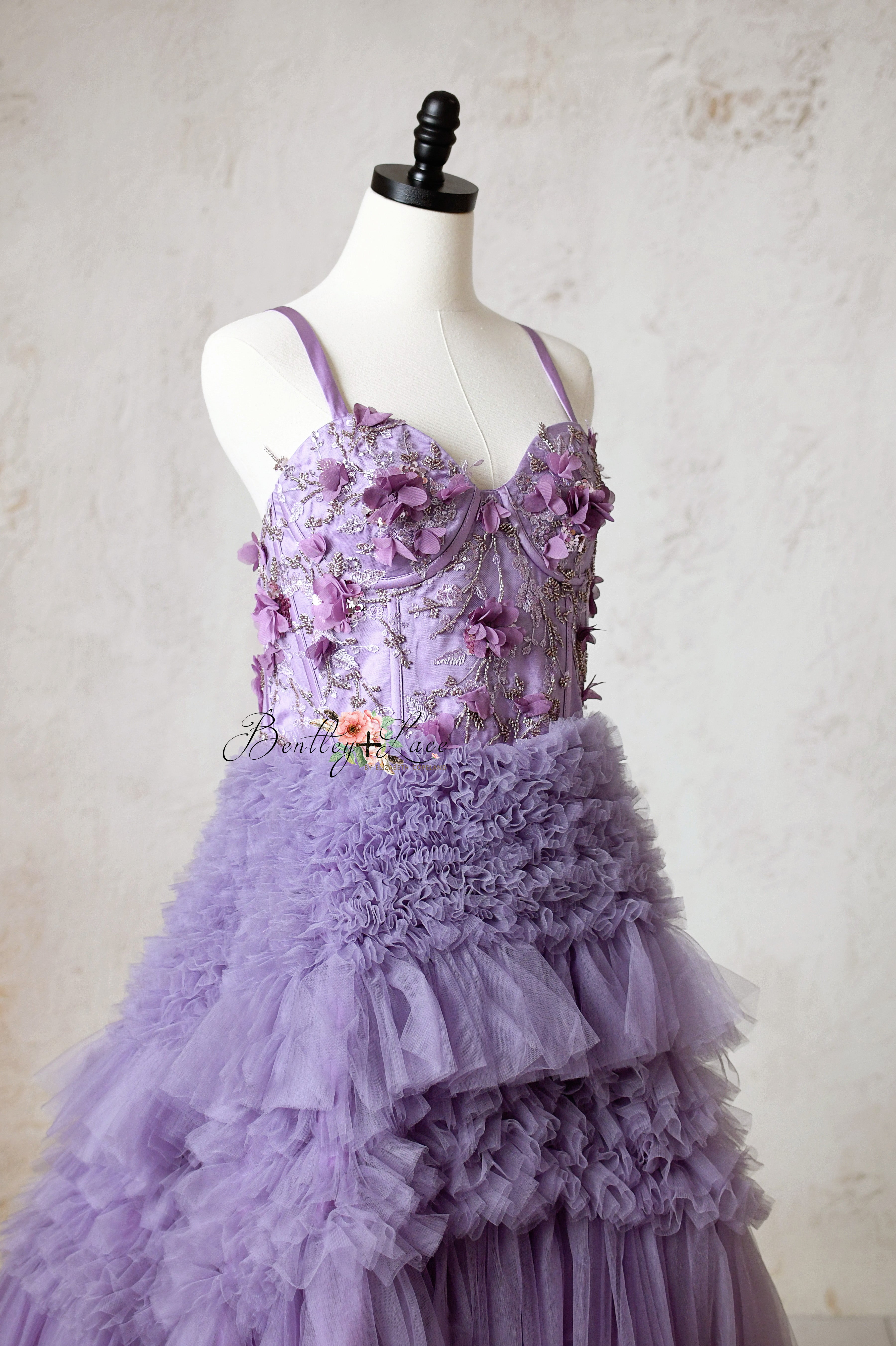 Violet Grace Tulle Gown for Special Occasions with Intricate Floral Design
