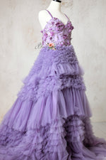 Violet Grace Floor-Length Gown with Lavender Tulle and Floral Appliqués
