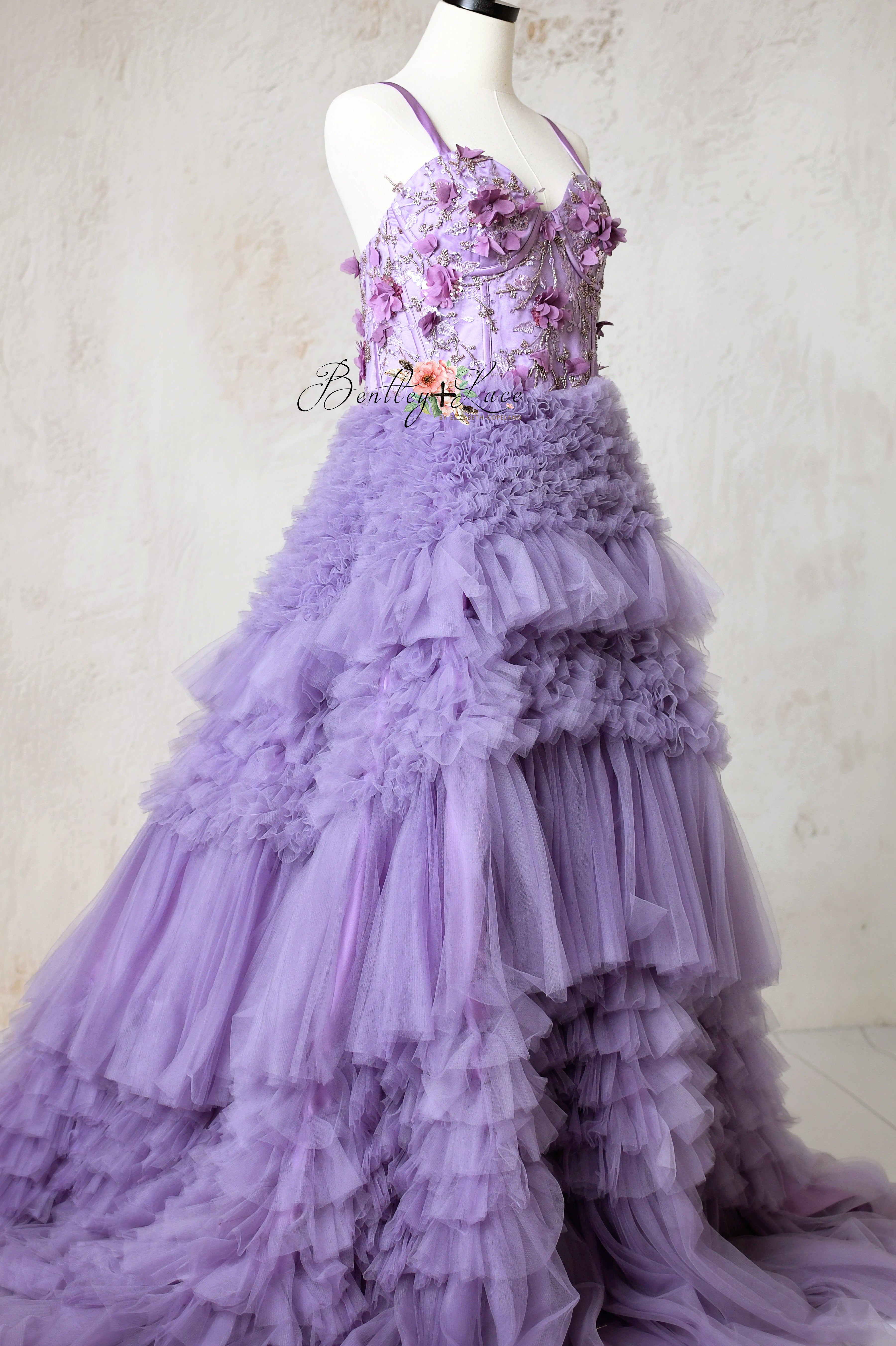 Violet Grace Floor-Length Gown with Lavender Tulle and Floral Appliqués
