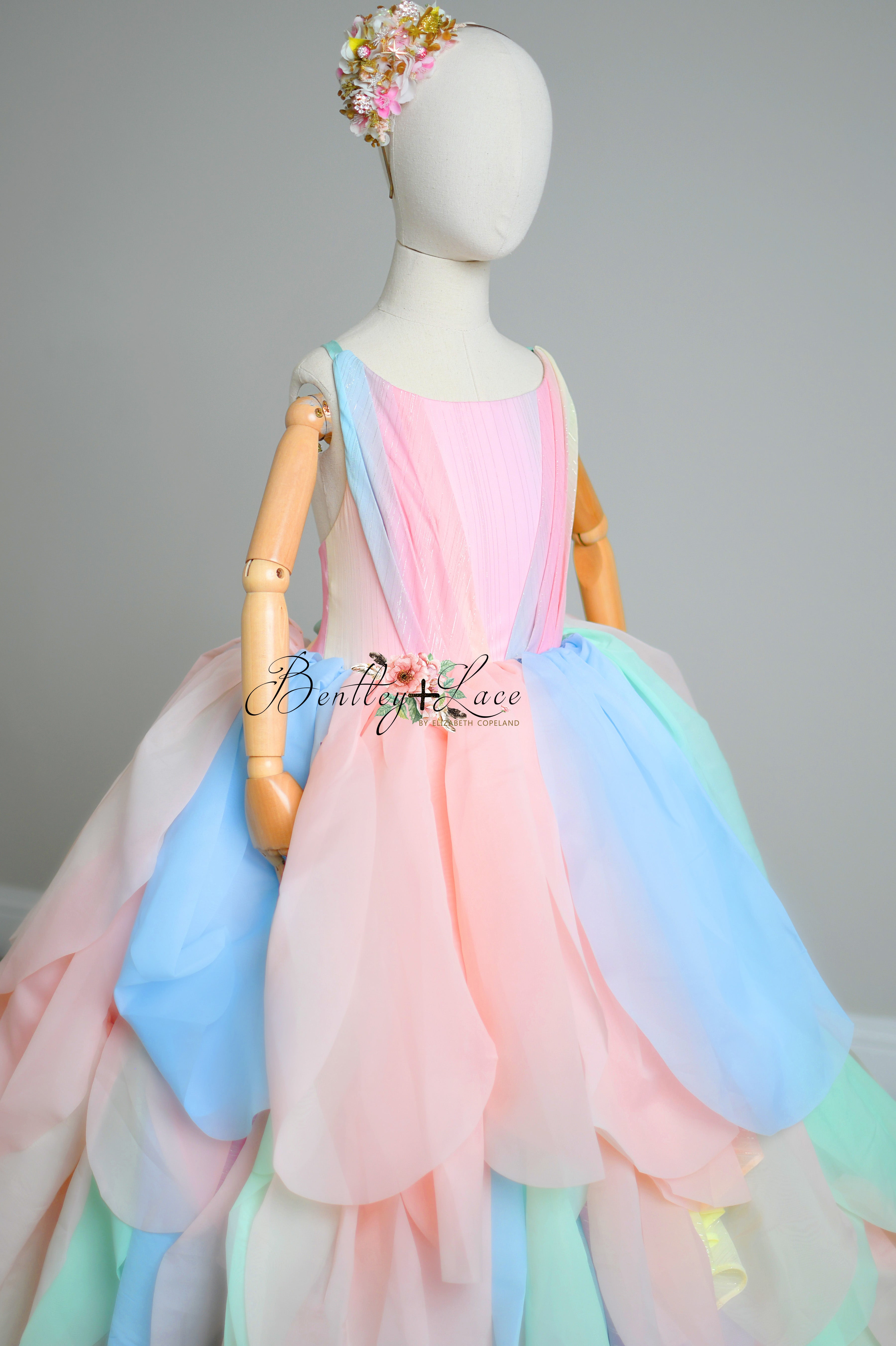 Limited Edition Couture Rental Gown "Petal Whispers" Pastel -  Floor Length Dress  ( 7 Year - Petite 10 Year)