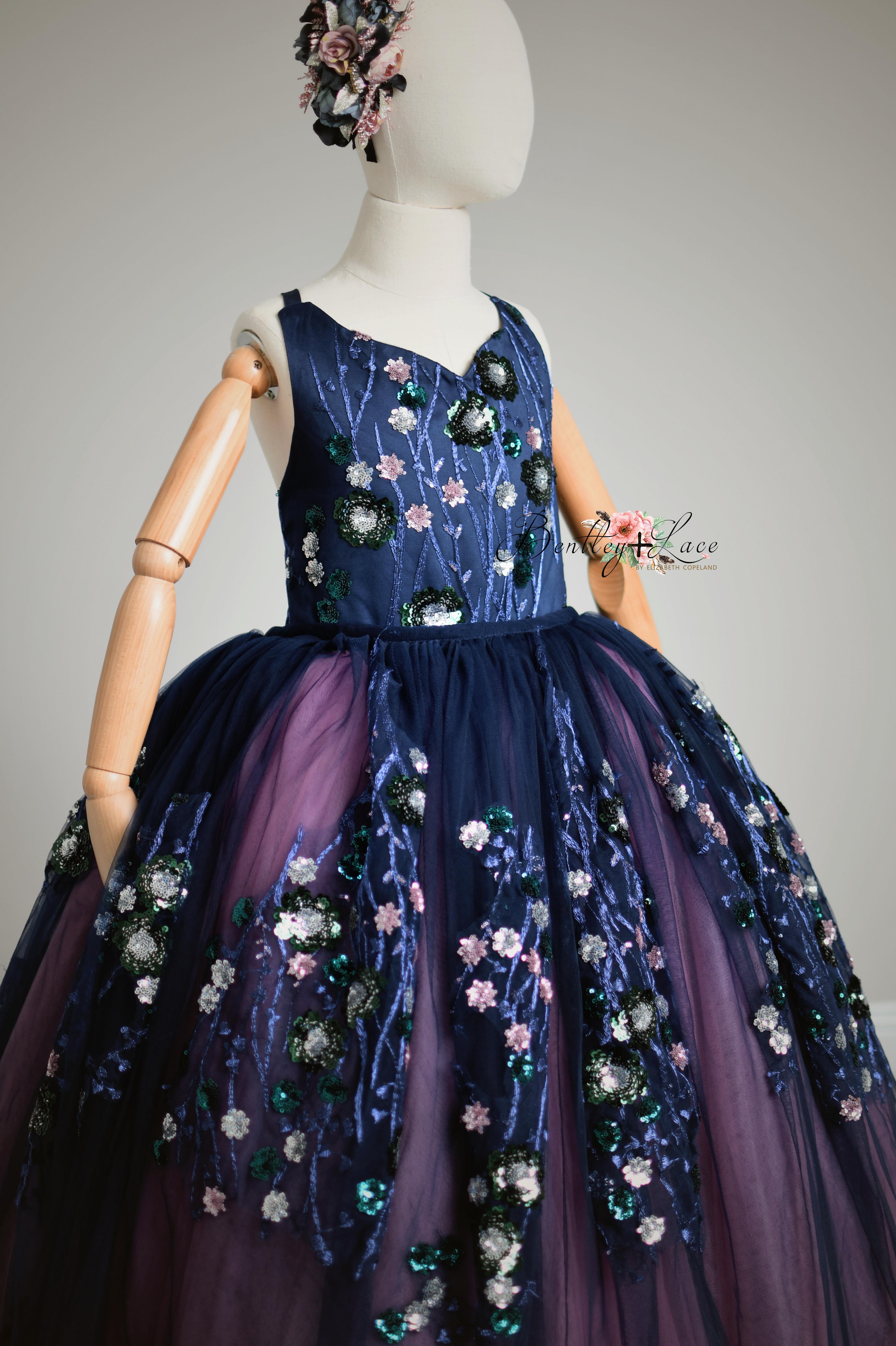 "Midnight Garden"- Floor length gown+detachable sequin skirt  (9 year- 11 year)
