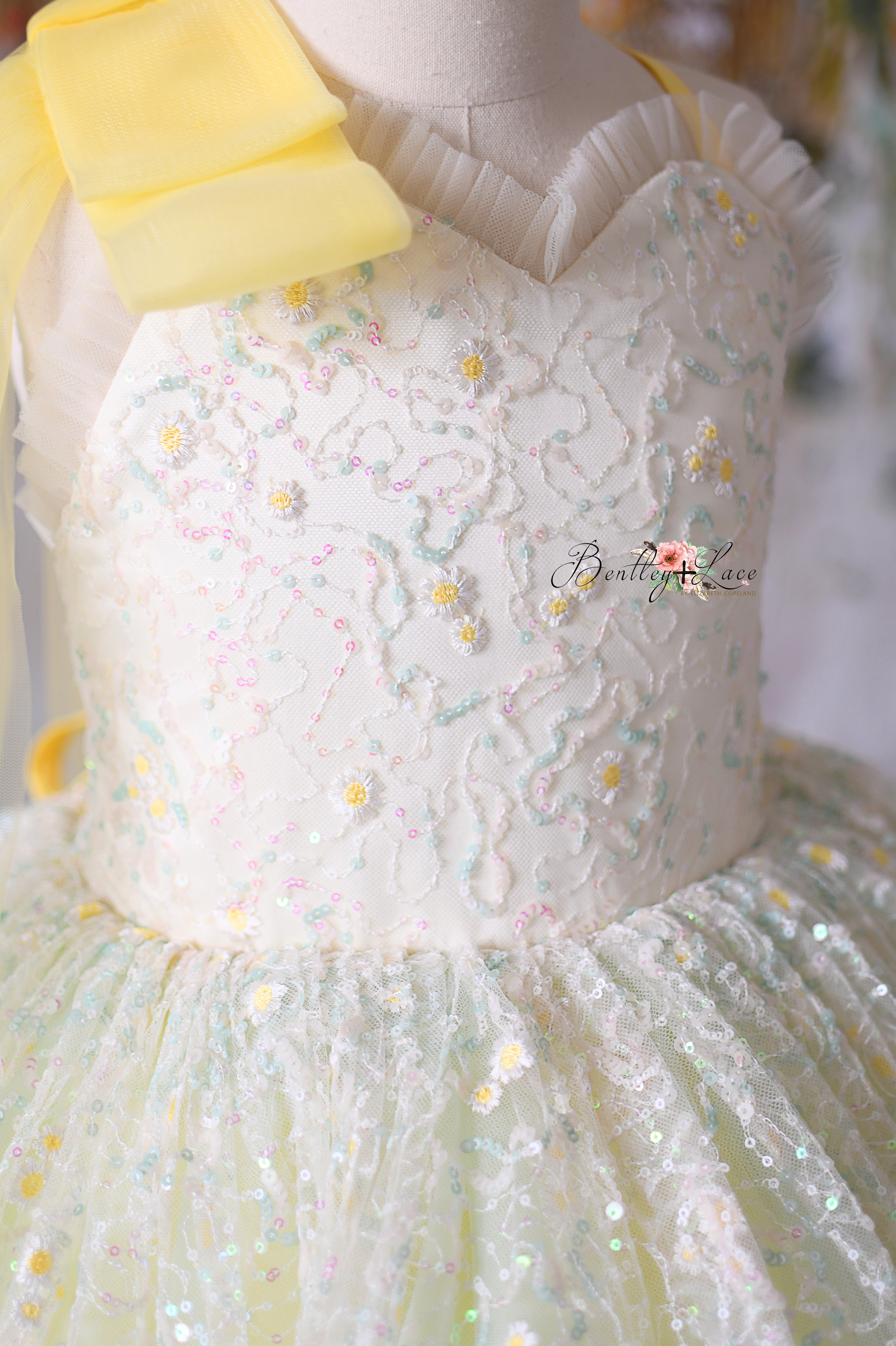 Close-up of the sparkling lace bodice and adjustable shoulder ties for a customizable fit.
