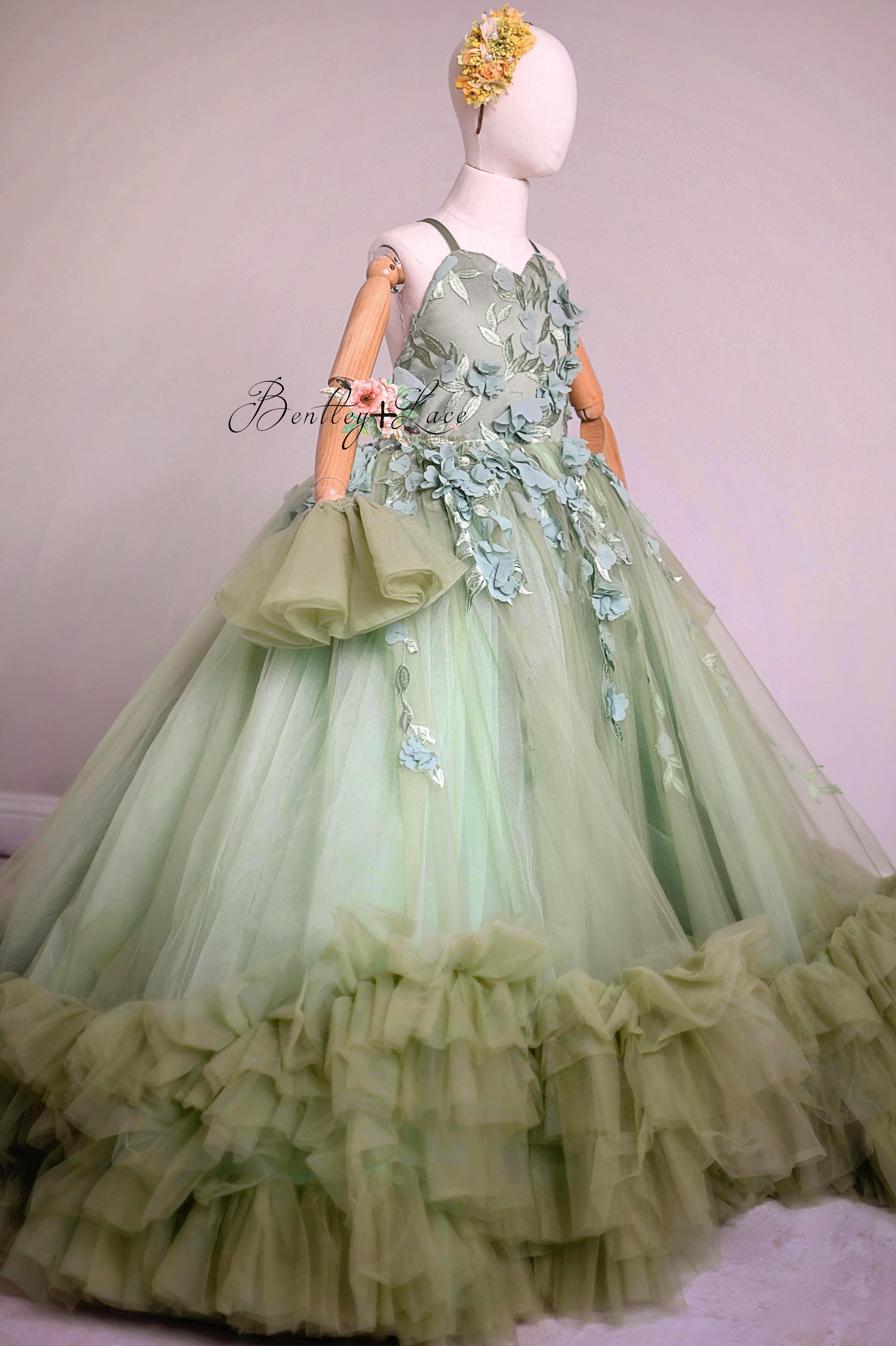 "Sage Symphony " Couture Floor length gown  ( 7 Year - Petite 9 Year)