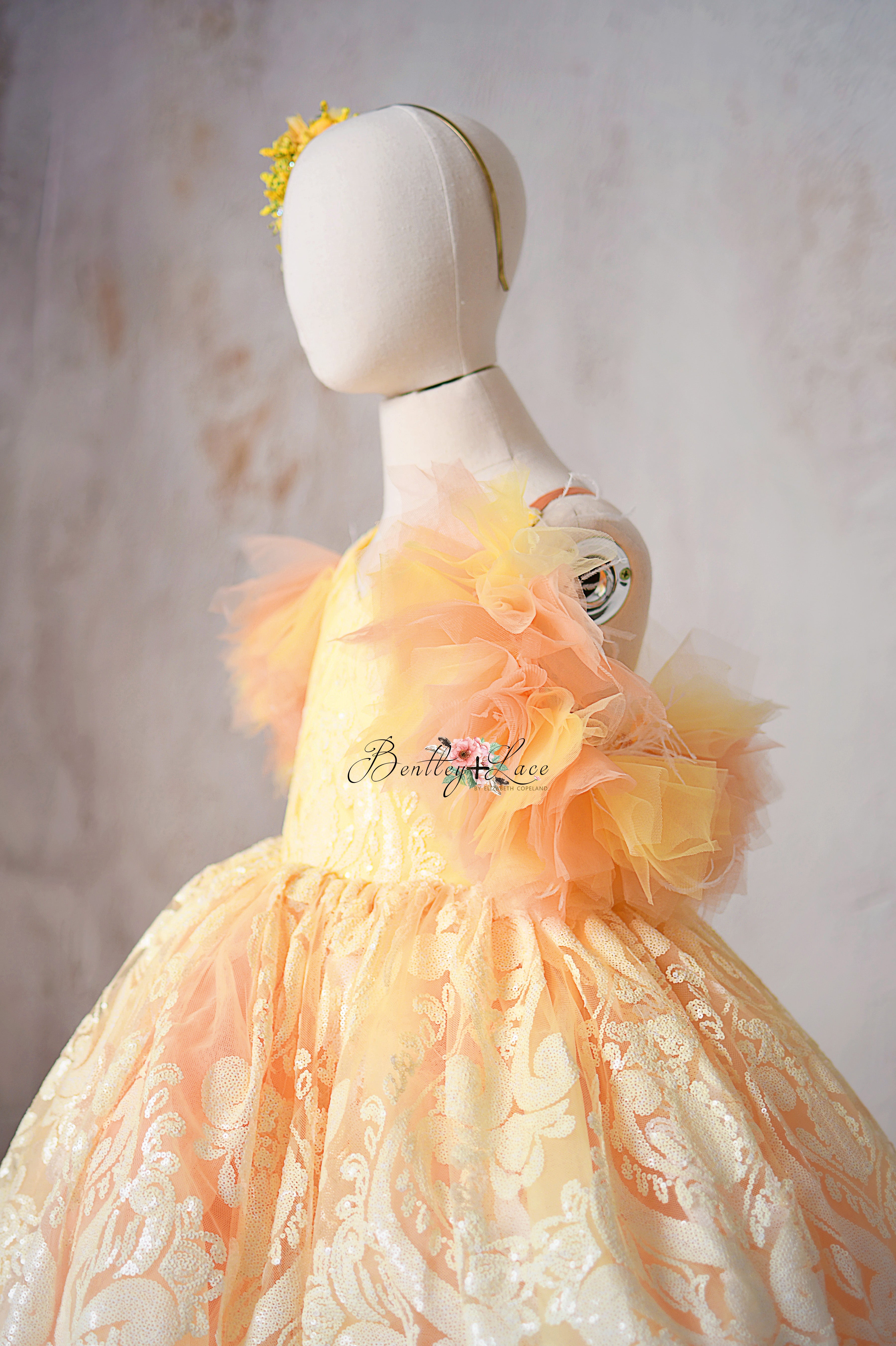 "Sugar Kisses" Coral+Yellow Floor-Length Dress with Detachable Ruffle Off-Shoulder Sleeves  7 Year - Petite 9 Year