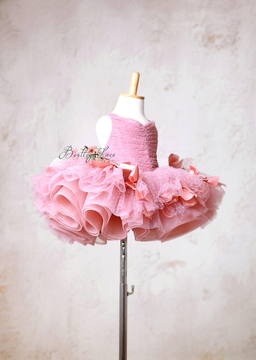 Elegant pink tutu dress with delicate polka dot tulle and satin bows.
