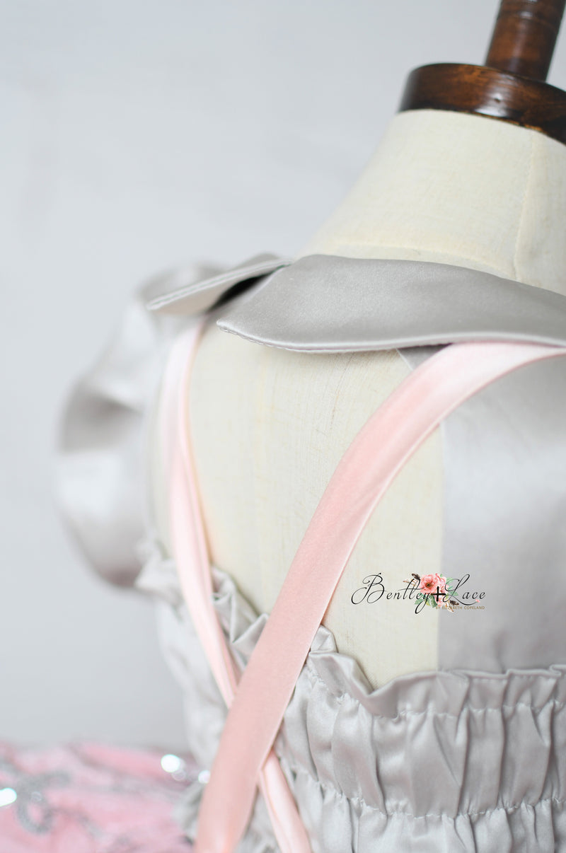 "Velvet apron-style flower girl dress with custom color options"

