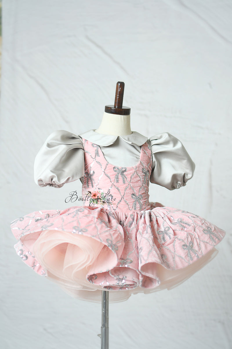 "Detachable satin puff sleeve bodice on a velvet girls gown"

