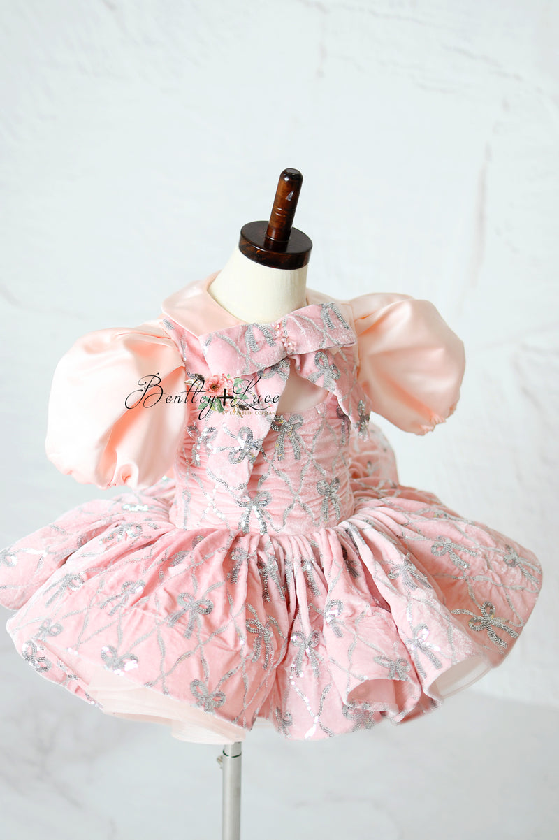 "Pink velvet couture girls dress with silver embroidered bows"

