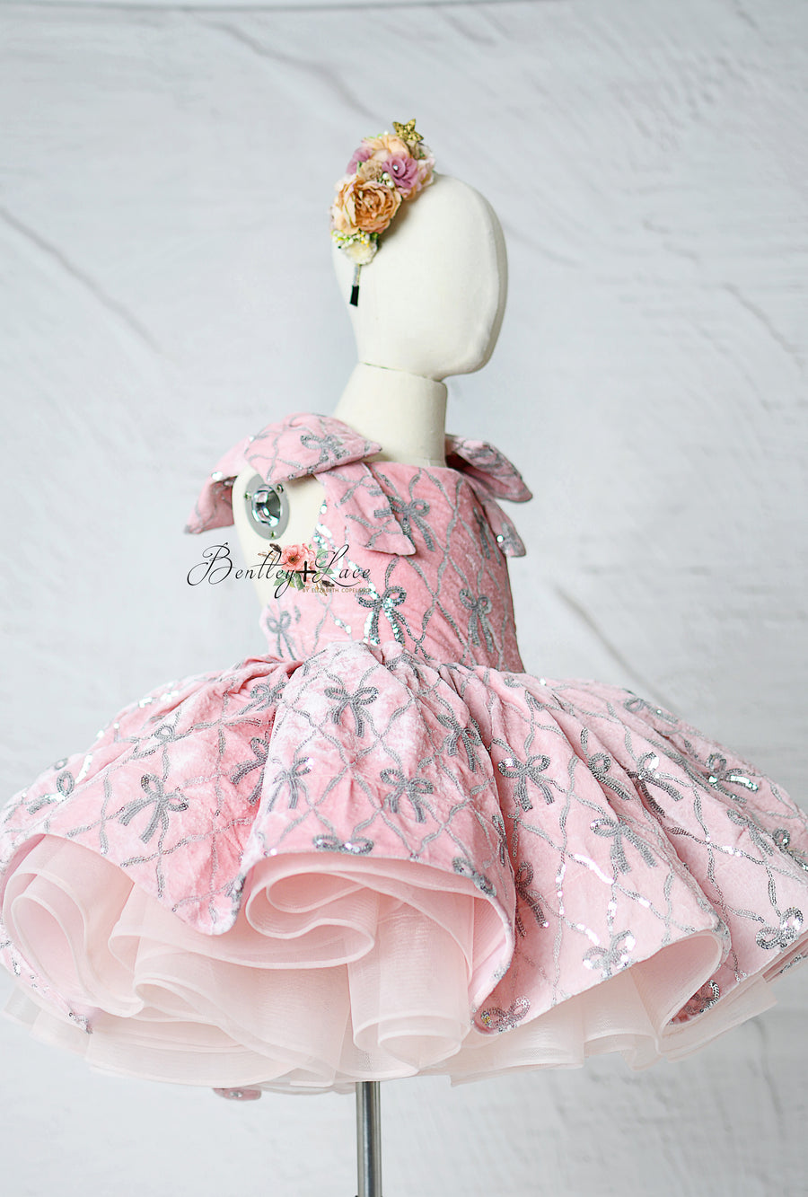 "Bentley + Lace luxury girls dress in velvet and satin"

