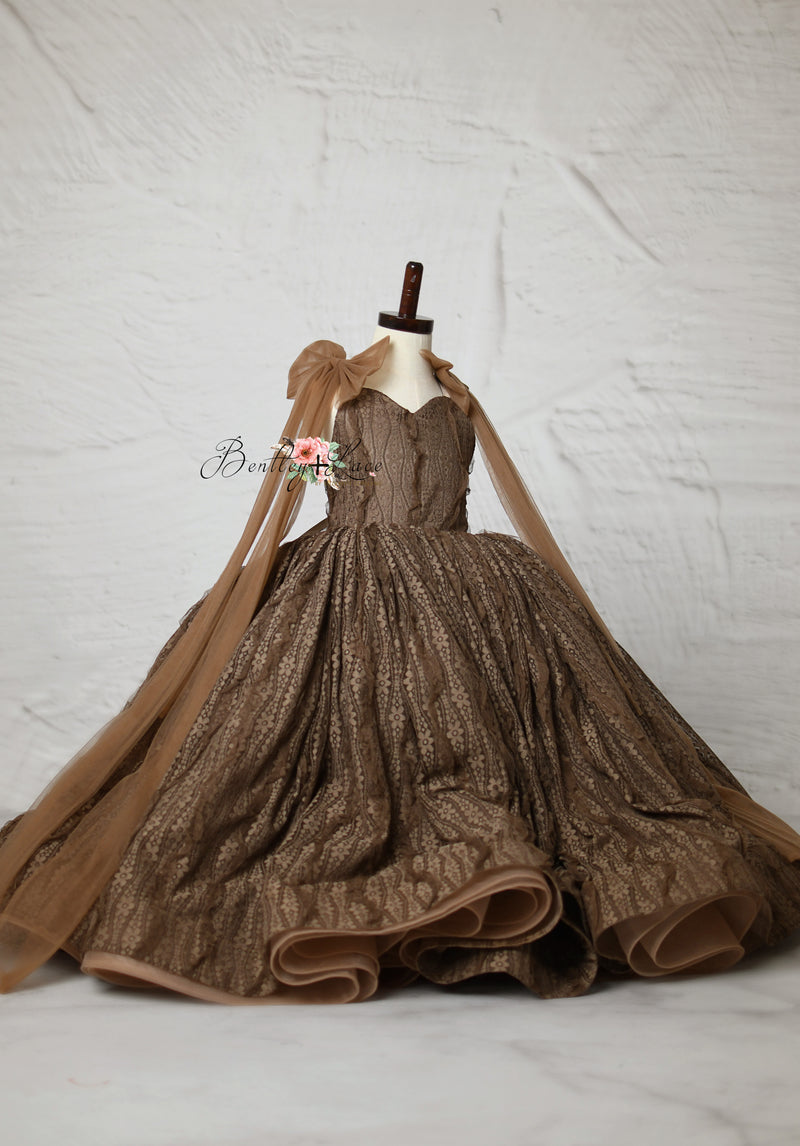 Couture girls gown with jacquard fabric and removable tulle bows

