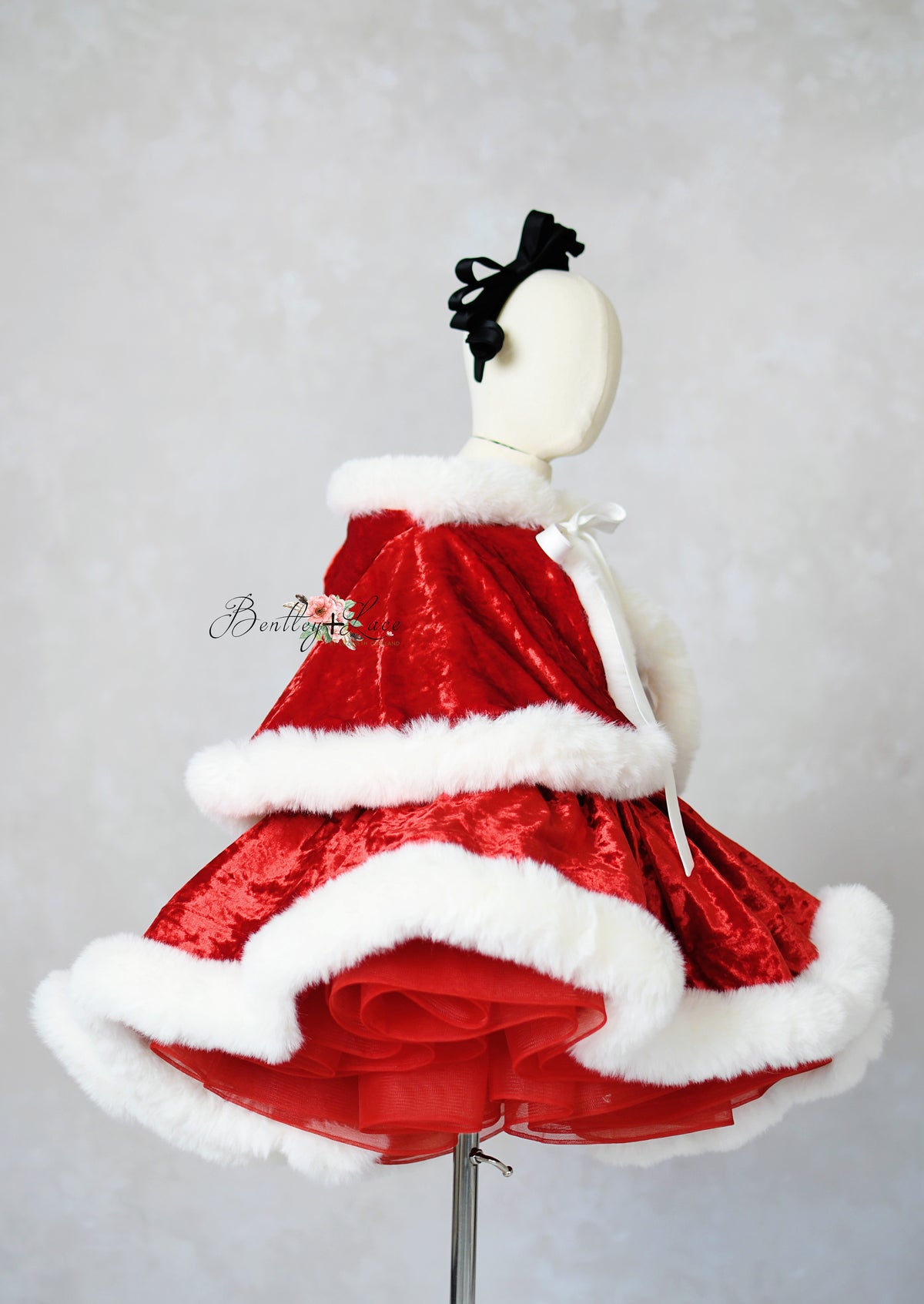 Holiday dress for girls with faux fur-trimmed cape and bodice

