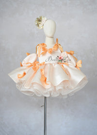 “Close-up of hand-tied satin bows in soft clementine hue”

