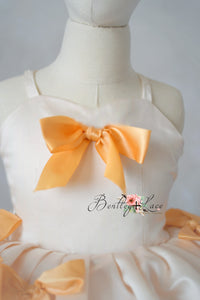“Twirl-ready ivory satin skirt with voluminous underskirt and bow details”

