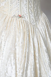 Close-up of intricate bodice detailing and fine stitching

