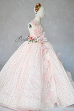 "Blush pink couture girls gown with 3D floral appliqués and full skirt"

