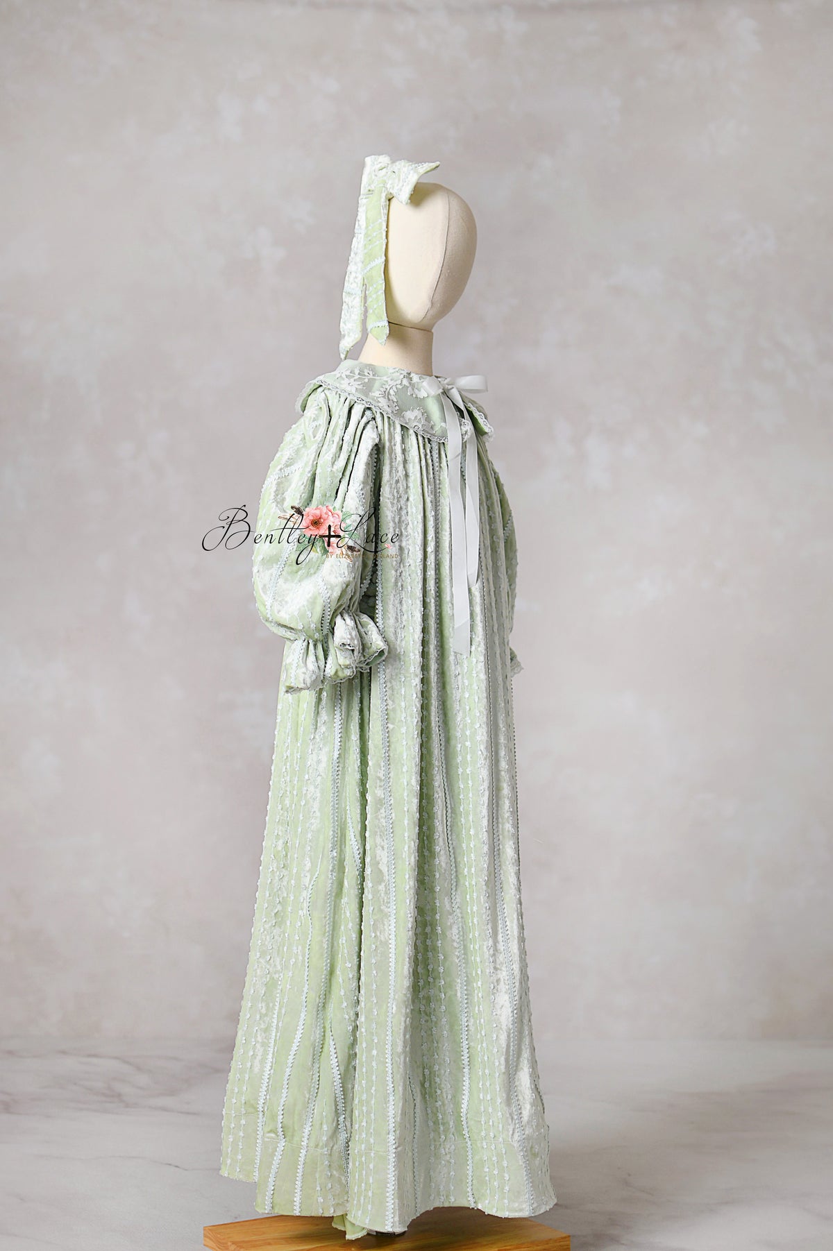 Eleanor’s Dream vintage sage gown for children ages 5 to petite 7, designed for comfort and classic elegance in photography sessions.

