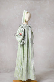 Eleanor’s Dream vintage sage gown for children ages 5 to petite 7, designed for comfort and classic elegance in photography sessions.

