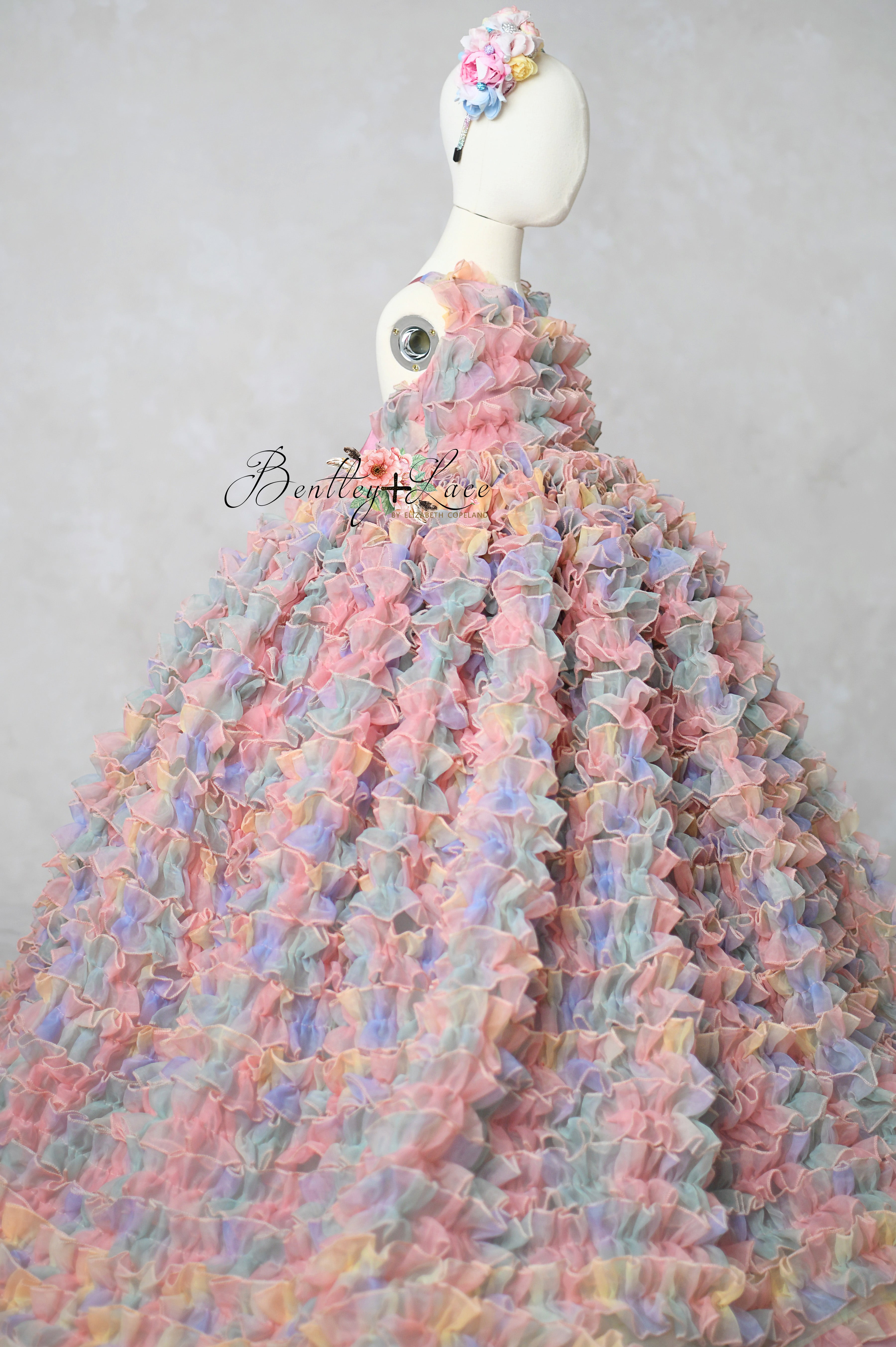 Girl's pastel rainbow ruffle gown with detachable bodice

