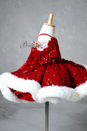 Elegant special occasion dress with winter faux fur trim


