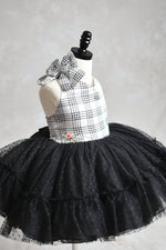 Custom couture gown for kids with Black and White Plaid Tulle fabric.