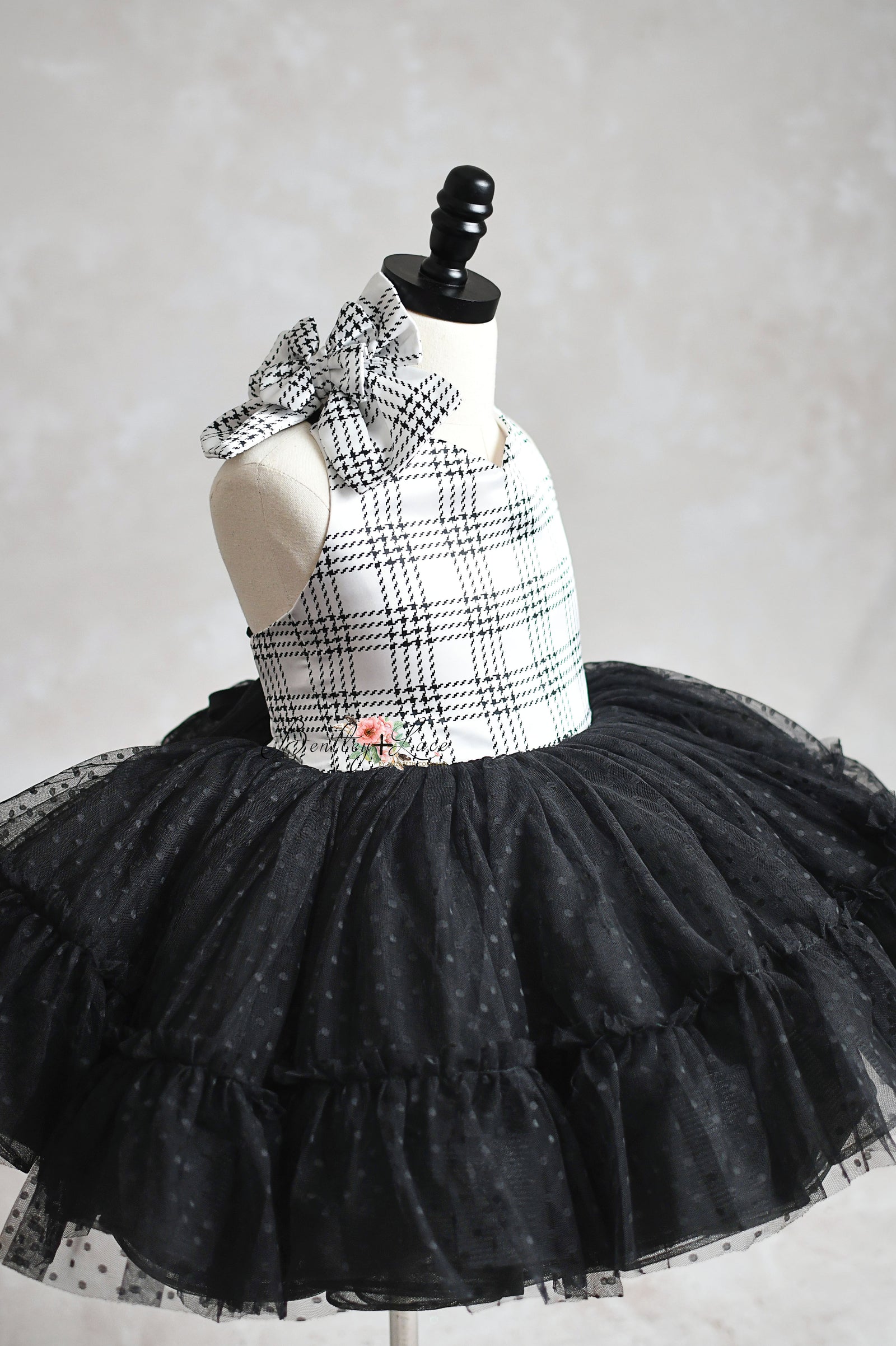 Custom couture gown for kids with Black and White Plaid Tulle fabric.