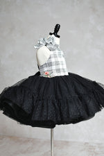 Black and White Plaid Tulle Dress for girls, featuring a chic plaid bodice and voluminous tulle skirt.