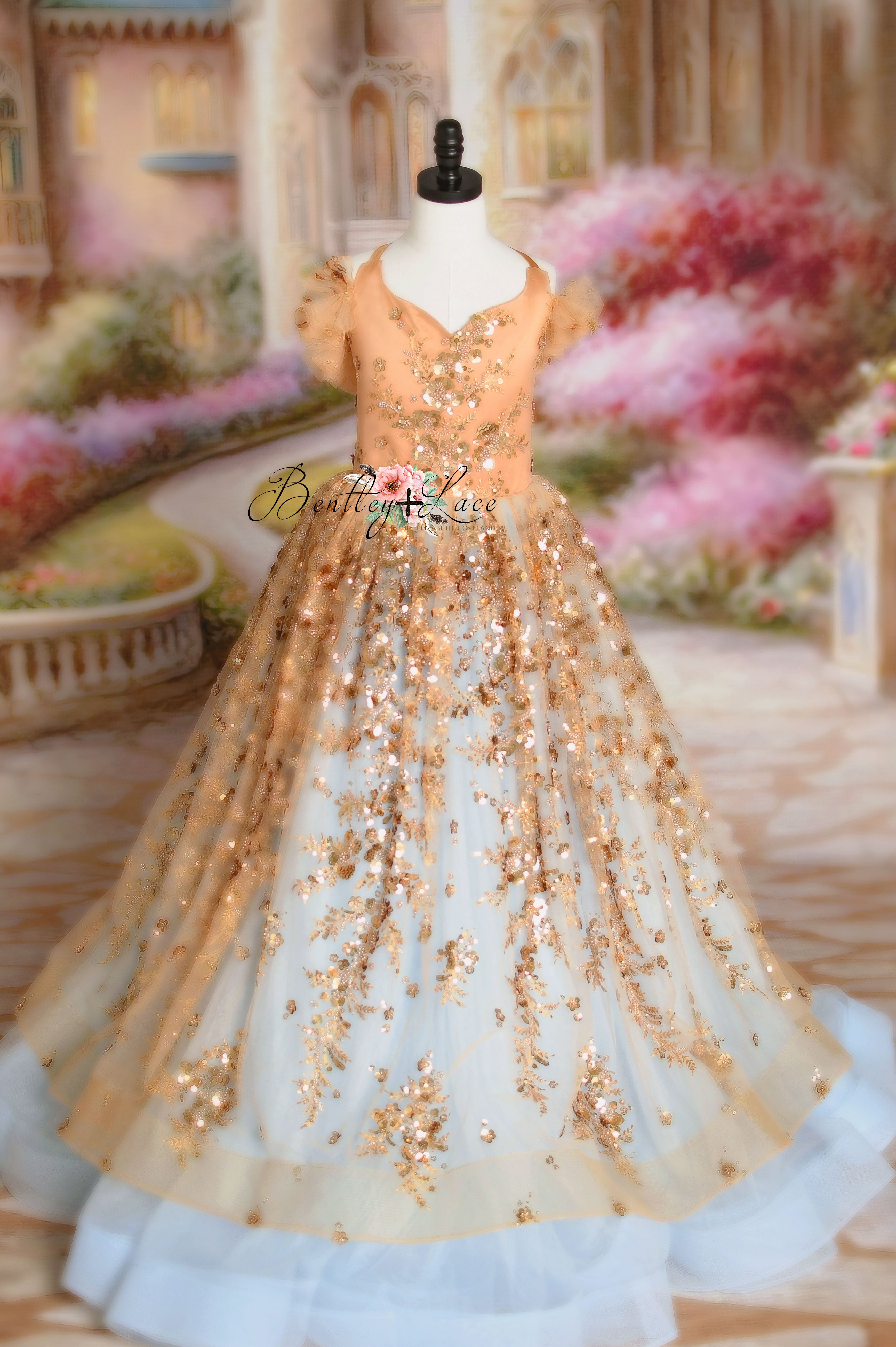 Golden sequin gown Cinderella’s Glow with a tulle skirt and open-back design