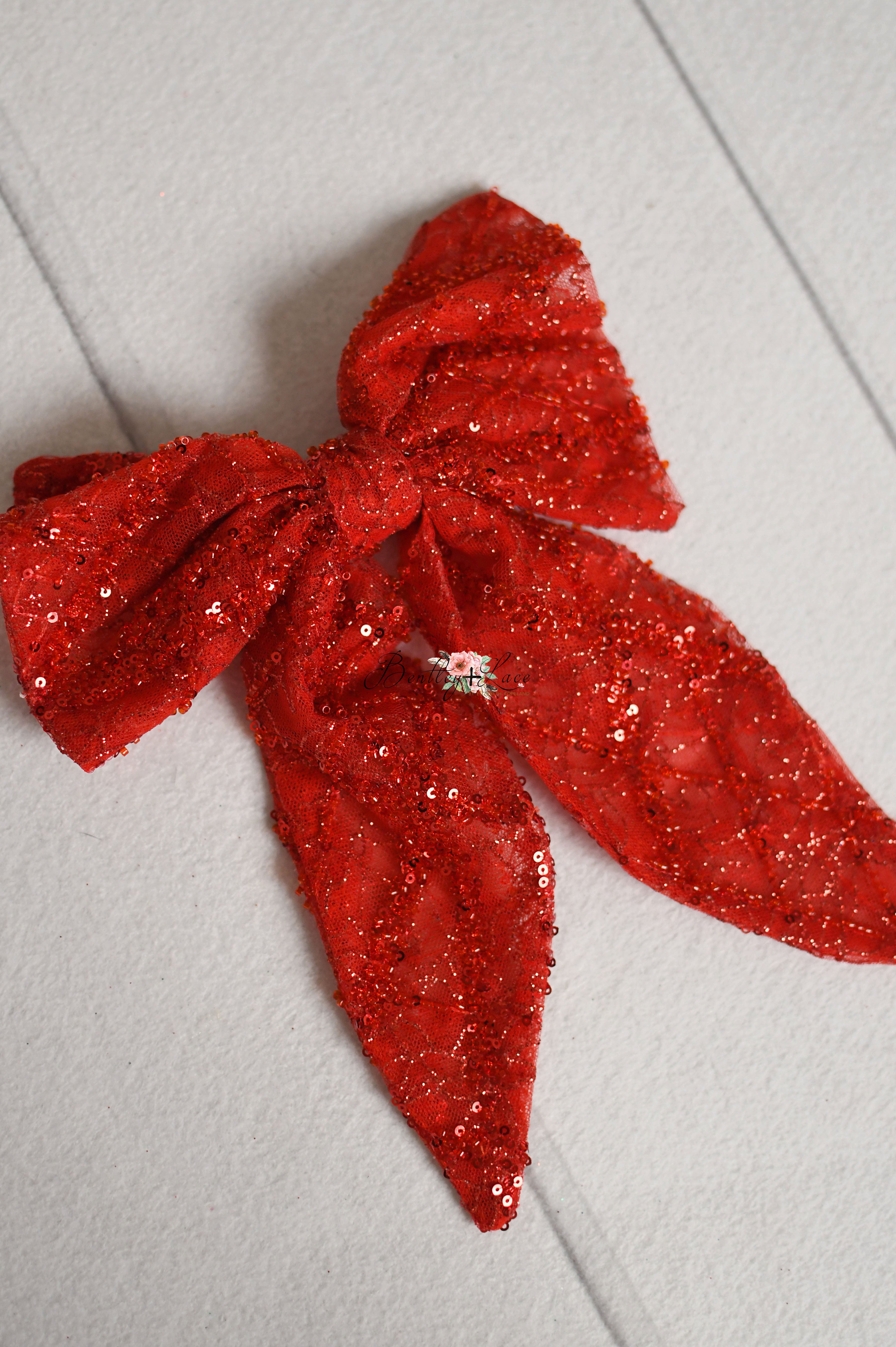 "Scarlet Sparkle" Tulle Floor Length Gown + Sequin Bow (6-7Year)