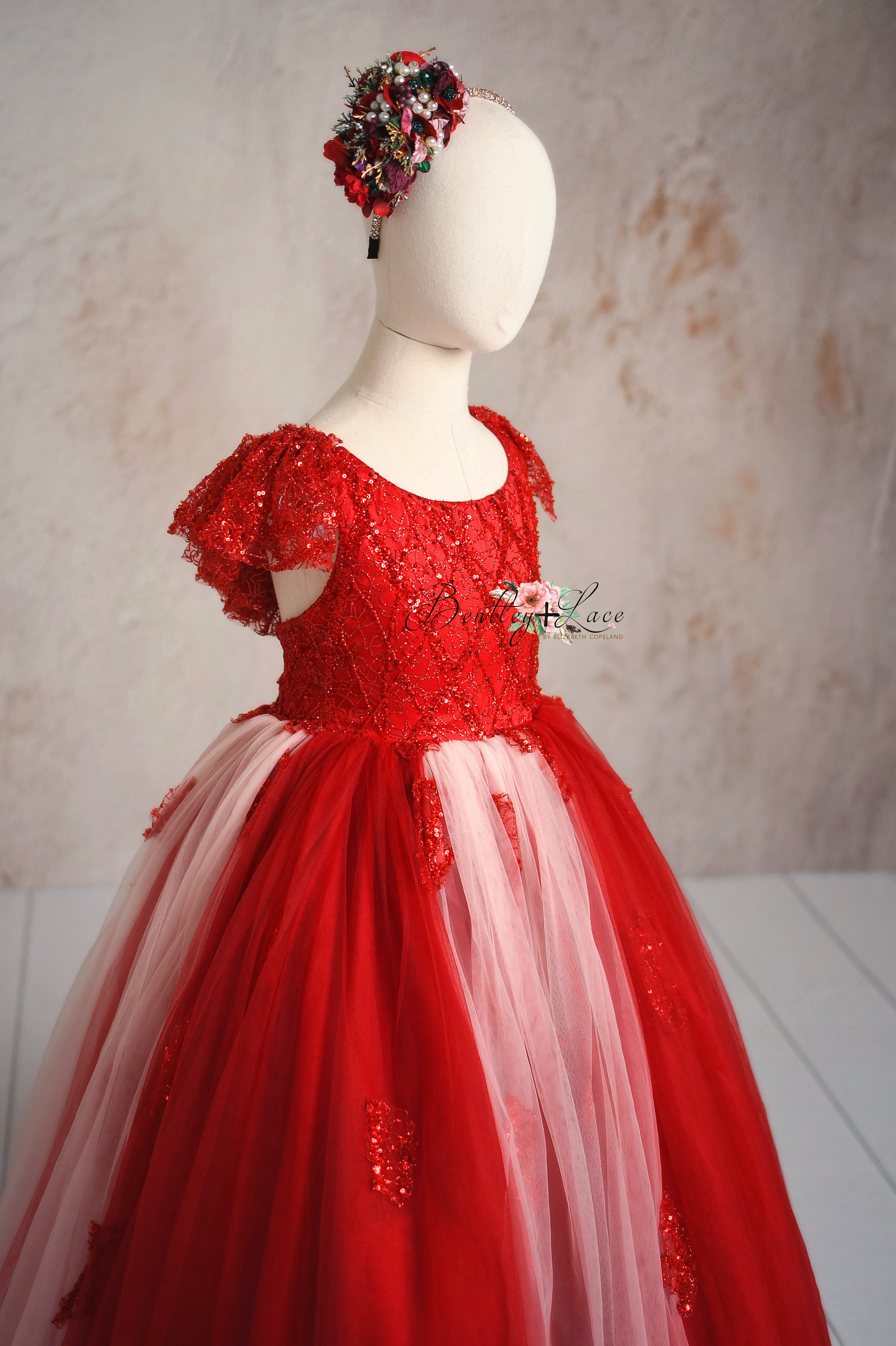 "Scarlet Sparkle" Tulle Floor Length Gown + Sequin Bow (6-7Year)